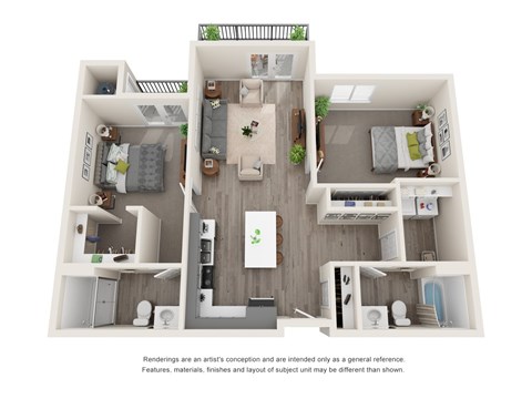 Floor plan for 2 beds, 2 baths, 1030 sqft